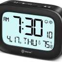 Geevon Small Digital Atomic Alarm Clock for Bedroom, Portable Battery Operated Travel Desk Clock for Heavy Sleepers, with 10s Backlight, Temperature, 3 Inch Display, Black