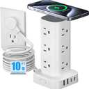 Tower Power Strip with 15W Wireless Charger, 10FT Flat Plug Extension Cord with Multiple Outlets, 12 AC Outlets, 4 USB Ports (2 USB C) Charging Station Surge Protector for Office Home Dorm Room(White)
