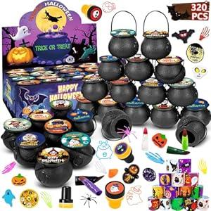 320 PCS Prefilled Halloween Party Favors for Kids- 32 Pack Plastic Witch Cauldron, Non-Candy Treats Toys & Goodie Bags Stuffers for Trick or Treat, Kids' Prizes