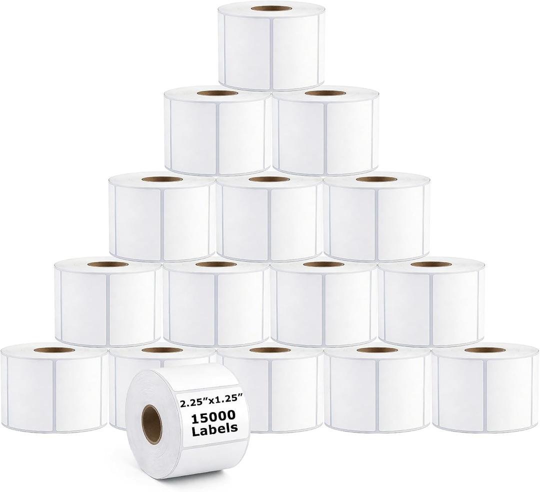 15 Rolls 2.25"x1.25" Direct Thermal Labels, 1000 Labels/Roll (15000 Labels), Self-Adhesive Address Barcode Sticker Label Rolls, Compatible with Zebra, Rollo, Munbyn & Most Thermal Printers
