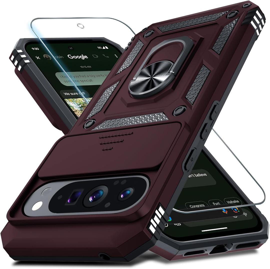 Janmitta Case Compatible with Google Pixel 10 Pro XL Built in Slide Camera Lens Cover+Screen Protector+Finger Ring Holder Kickstand, Heavy Duty Shockproof Full Body Protective Phone Cover, Wine Red