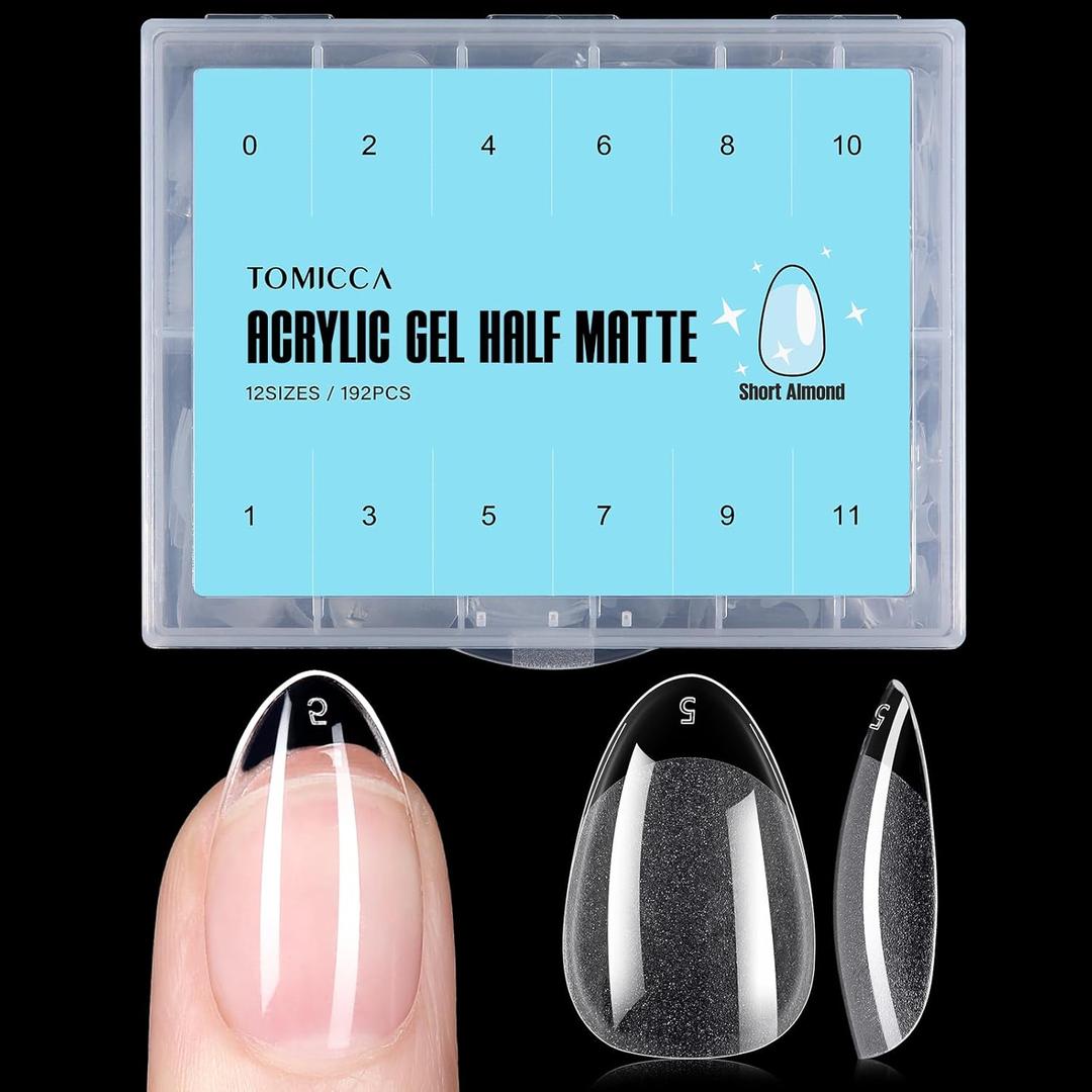 TOMICCA Short Almond Nail Tips, 192Pcs Acrylic Fake Nails Gel Nail Tips, 12 Sizes for Nail Extension Home DIY Nail Salon