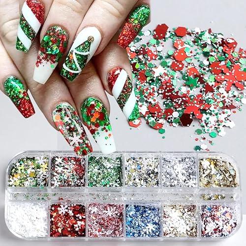 Christmas Nail Art Glitter Sequins Colorful Holographic Snowflakes Xmas Tree Santa Claus Tree Confetti Hexagon Flake Red Green New Year Manicure Accessories for Christmas Nail Face Body Décor