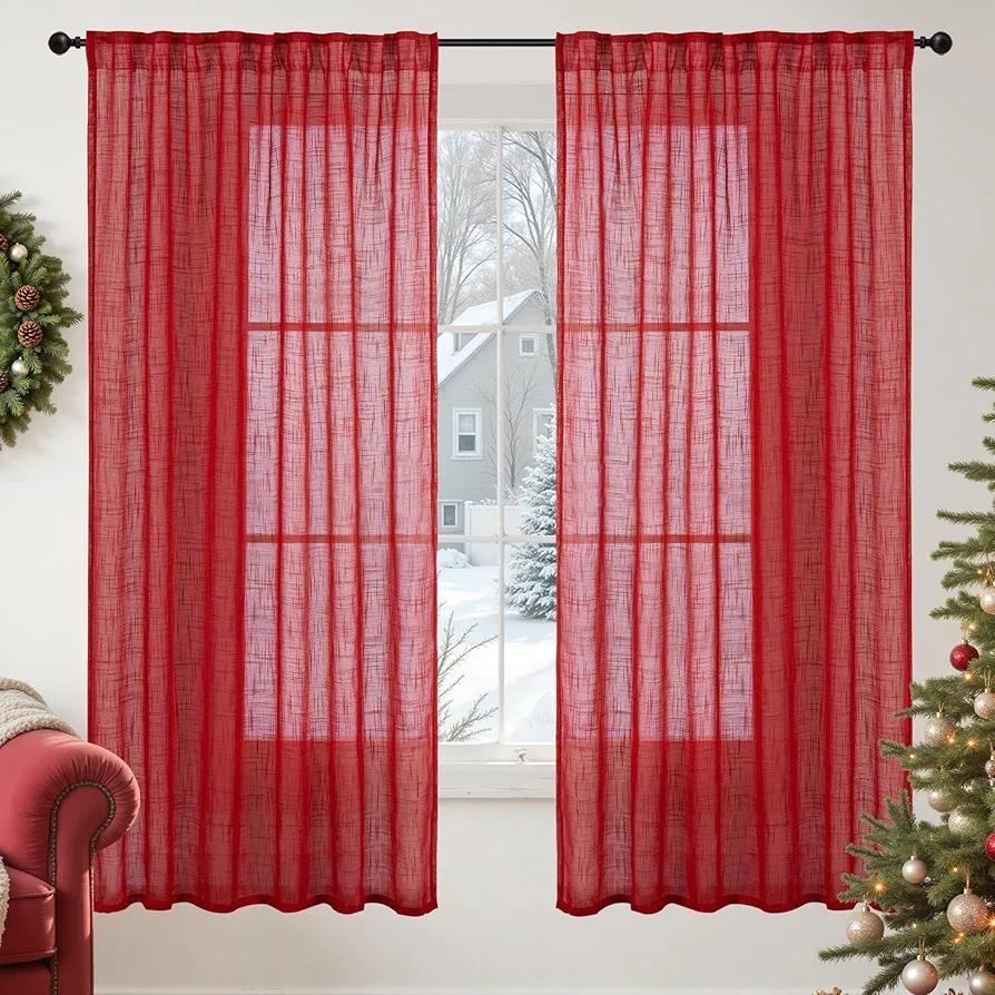 YoungsTex Red Linen Semi Sheer Curtains 63 Inch Length - Light Filtering Drapes with Back Tab Rod Pocket Lightweight for Living Room Window, 2 Panels, 52 X 63 Inch