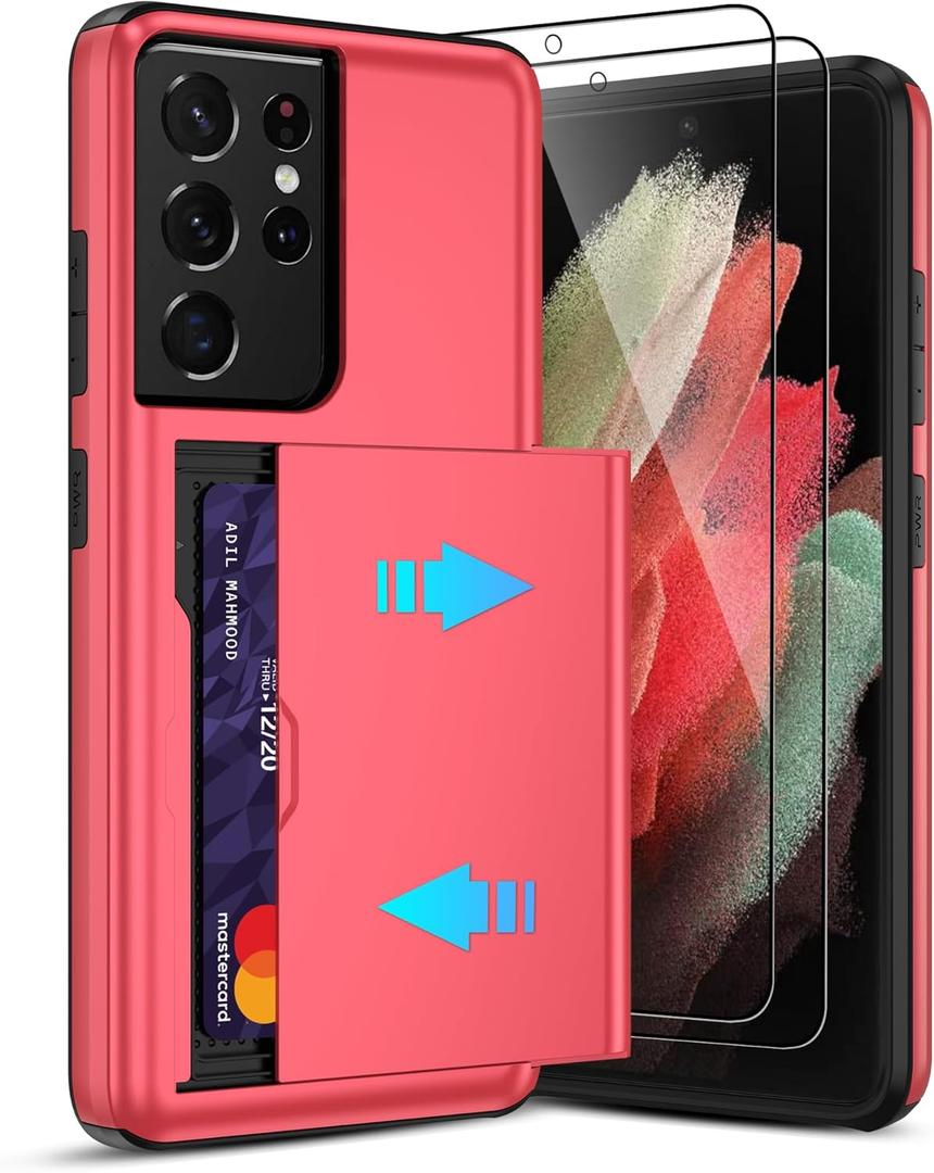 Pilaru for Samsung Galaxy S21 Ultra Case with Card Holder and (2 Pcs) HD Screen Protector, Slim Heavy Duty Dual Layer Shockproof Design & Hidden Card Slot Wallet Case for S21 Ultra-Red