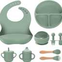 Silicone Baby Feeding Set 9 Pcs, Spill-Proof Suction Plate, Bowl, Bib, Silicone spoon&forks, Wooden Spoons&forks, Training cup with straw and Sippy Cup, Baby Eating Utensils (Green)