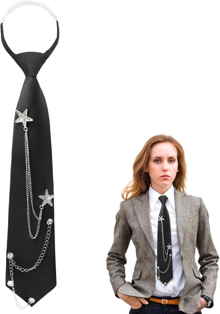 Black Tie for Women Girls Pre-Tied Womens Tie with Metal Chain Accessories Adjustable Necktie for School Shirt