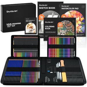 Shuttle Art 103 PCS Drawing Kit, Professional Drawing Supplies with Sketch, Charcoal, Colored, Graphite, Pastel Pencils & Sticks, Complete Drawing Tools and Paper Pads in Zipper Case for Artists&Kids