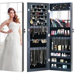 Full Length Mirror Jewelry Cabinet - 2-in-1 Organizer for Makeup and Jewelry,Lockable Door Wall-Mounted Jewelry Armoire with Shelves and Behind the Door Storage Black (43.3*14.6) Full Length Mirror Jewelry Cabinet - 2-in-1 Organizer for Makeup and Jewelry,Lockable Door Wall-Mounted Jewelry Armoire with Shelves and Behind the Door Storage Black (43.3*14.6)
