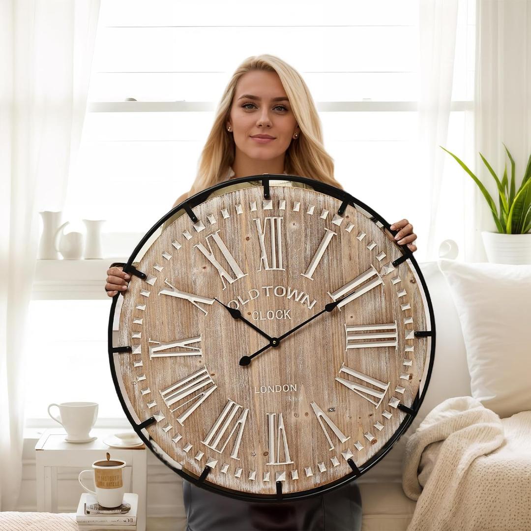 Large Wall Clock 30 in farmhouse wall clock -Extra Large 30 inch Wood and Metal Wall Clock, Silent and Battery Operated for Living Room, Kitchen and Office Decor, Brown