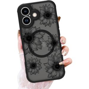 OOK Black Case Design for iPhone Air Case, Compatible with MagSafe, Cute Sunflower Floral Blooms Design Frosted Shockproof for Women Girls Magnetic Phone Cover - Black Flower