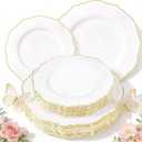 WDF 60pcs White and Gold Plastic Plates - Baroque White With Gold of 30 Heavy Duty Gold dinner plates 10.25inch, 30 Salad Plates 7.5inch Perfect for Wedding/Baby Shower/Spring/Mother's Day