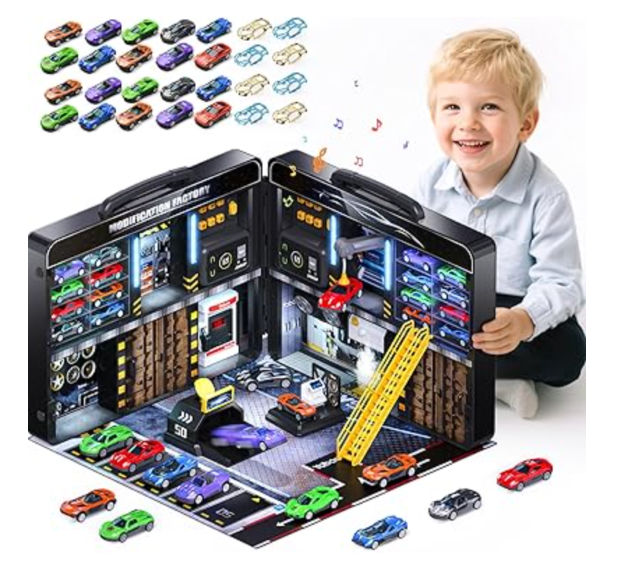 Car Toys Gifts for 3 4 5 6 Year Old Boys, Suitcase Auto Repair Toys Include 20 PCS 1:64 DieCast Vehicles, Car Toys With Spray, Light & Sound, Ideas Birthday Gifts Toys For 3 4 5 6 Year Old Boys
