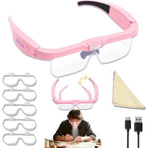 Professional Magnifying Glasses Headset with 5 Detachable Lenses 0.75X-4.0X & 3 LED Lights, Rechargeable Hands-Free Headband Magnifier for Close Work, Jewelry Crafts Hobby (Pink)
