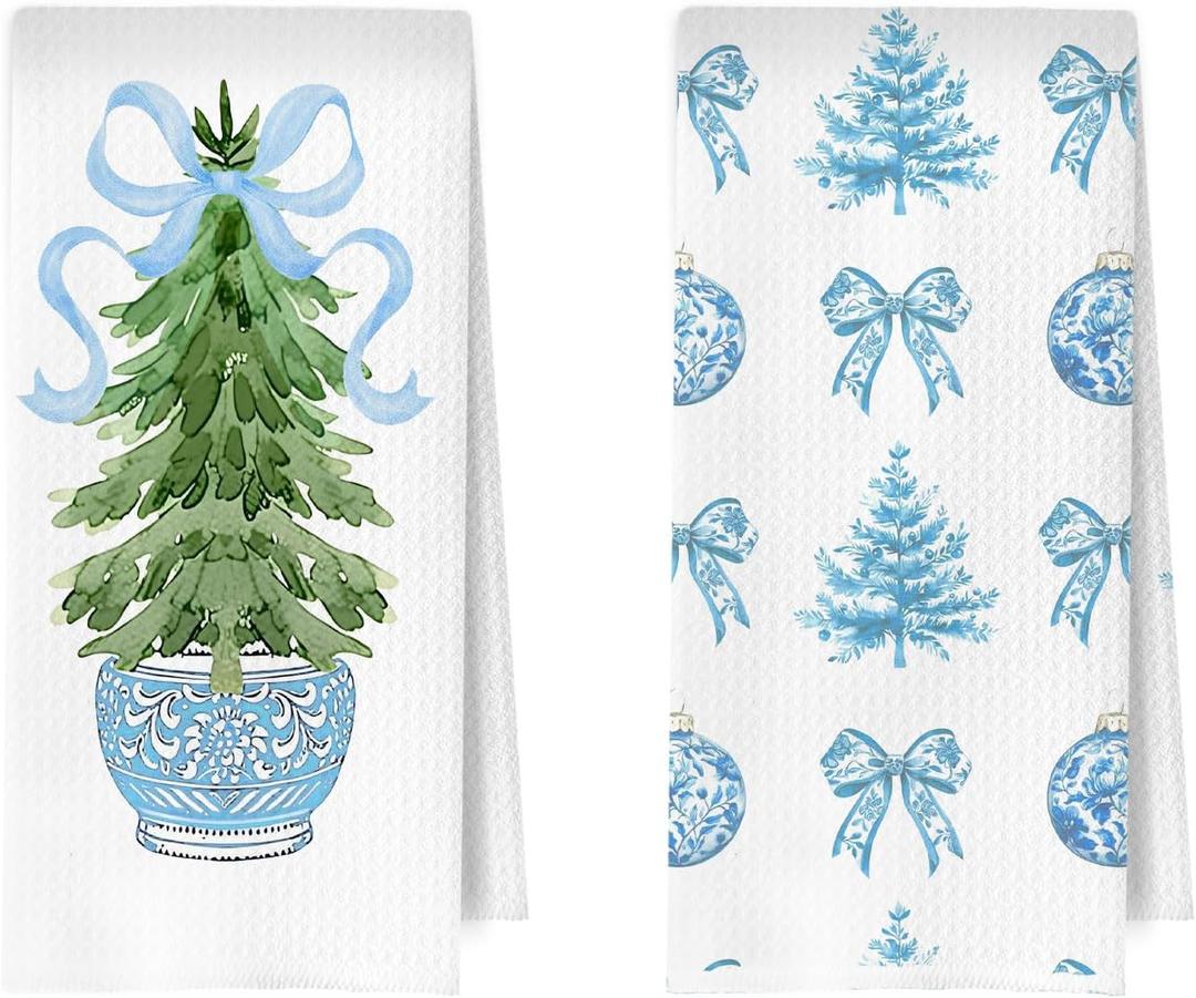 Chinoiserie Christmas Kitchen Towels Set - Blue Bow Coquette Christmas Tree Dish Towels, Blue Christmas Hand Towel for Bathroom Kitchen, Grandmillennial Decor, 16x24 Inches Set of 2
