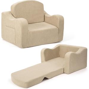 Comfy Toddler Chair for Kids, 2-in-1 Toddler Soft Plush Couch Fold Out, Convertible Kids Couch to Lounger, Baby Sofa for Boys and Girls, Beige