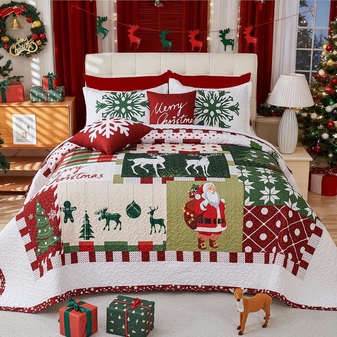 Cmfshape 5-Piece Christmas Quilt Set,King Size Xmas Tree Reindeer Santa Claus Pattern Christmas Bedding Set,Reversible Bedspread Coverlet,Holiday Bedding(106"x96")