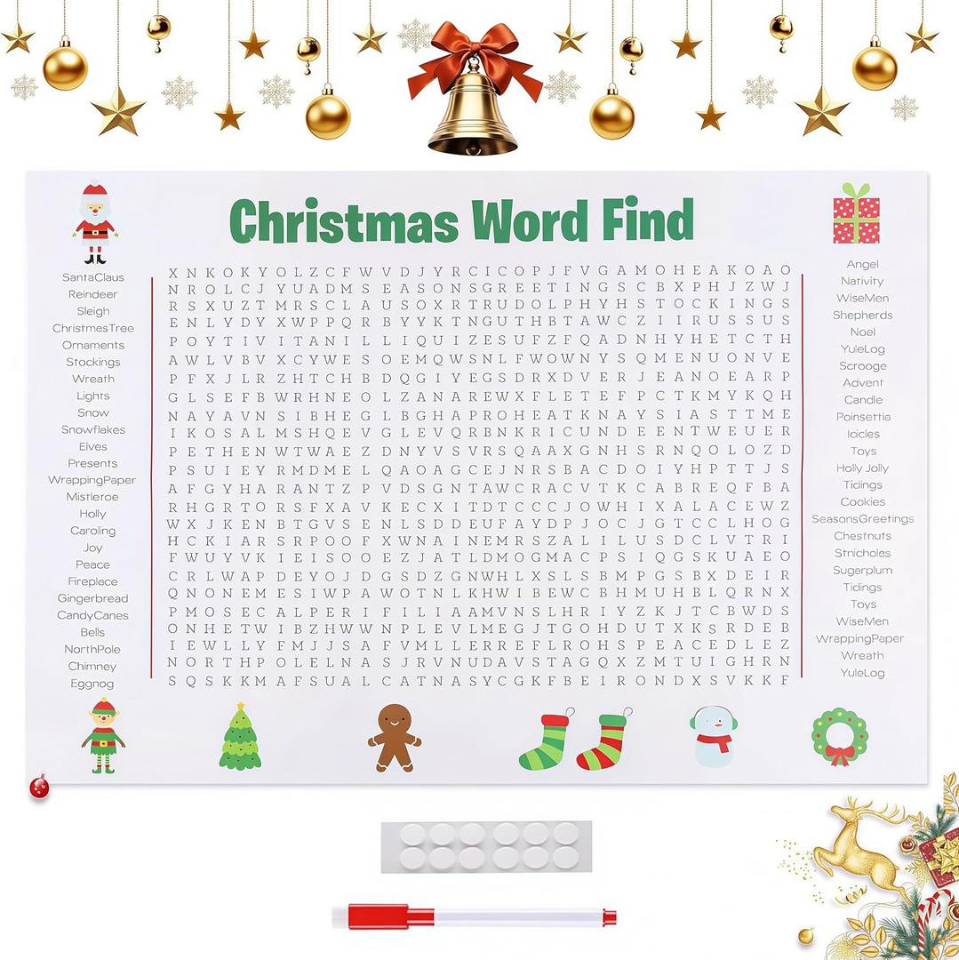 10 x Christmas Giant Word Search Poster  With Erasable Marker Pen, Giant Holiday Word Search Wall Poster for Thanksgiving and Christmas, 36" X 24" Wall Game for Family Holiday Party Activity