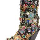 GPXGPX Western Cowboy Boots For Women Flower Embroidered Rhinestone Mid Calf Pointed Toe Chunky Heel Cowgirl Boots 8.5