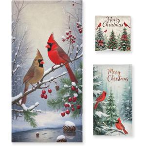 Winter Birds Snowflake Towel 16x30 Inch Soft Absorbent Christmas Tree Cardinal Poinsettia Berry Xmas Bow Cotton Soft Bath Towel Set for Face Spa Gym Kitchen