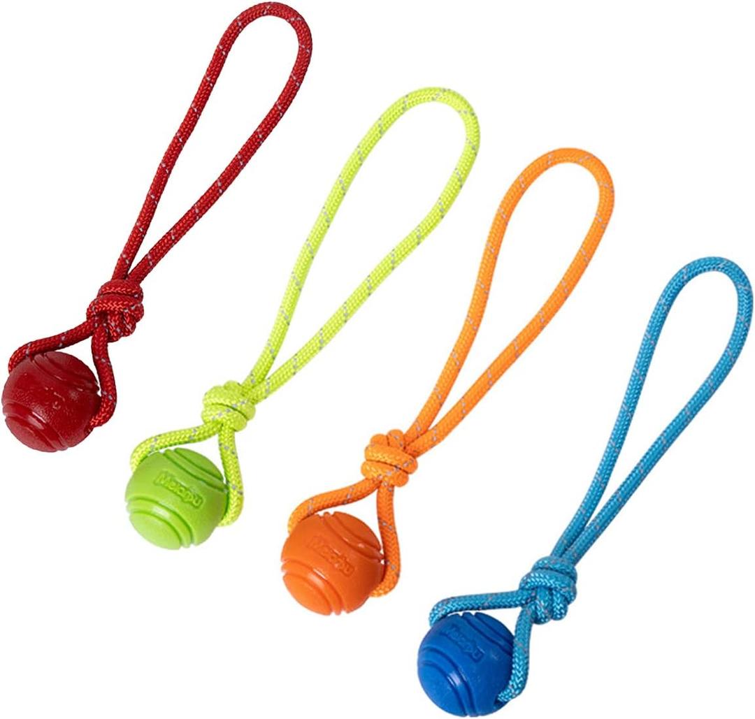 Dog Training Ball on A Rope Rubber Dog Rope Toys Ball with Handle for Tug of War K9 Training Rewards for Belgian Malinois Gifts, 5cm in Diameter for Small Dogs 0-30 Lbs, Pack of 4 (Four colors)
