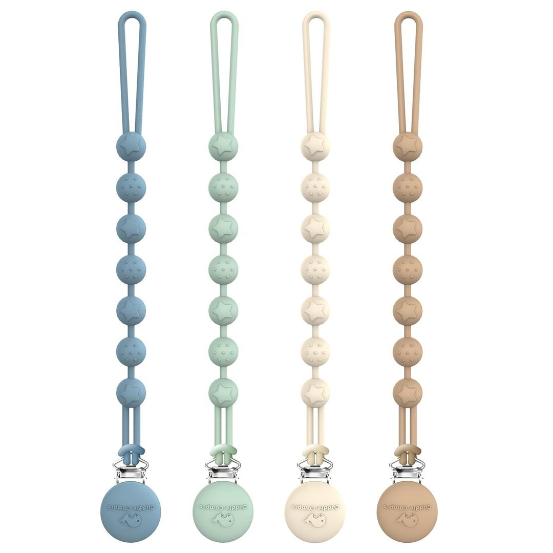 Cuddle Campus Silicone Pacifier Clip Holder with One Piece Design, Pack of 4 Soft Flexible Binky Clips with Texture for Baby Boy and Girl Set 1(6M+) (4 Pack 6m+ Round, Neutral)