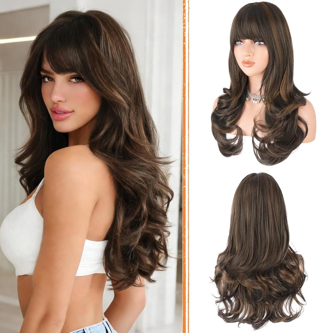 Haloo Brown Auburn Wigs with Bangs Long Wavy Layered Haircut Natural Looking Fluffy Synthetic Heat Resistant Hair Wig for Women Daily Party, 24 Inch Brown Mixed Auburn