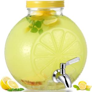 1 Gallon Lemon Glass Drink Dispenser Lemonade Pitcher Kitchen Fridge Beverage Water Dispenser Countertop with Stainless Steel Spigot for Juice Tea Beer