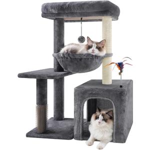 31.50" Cat Tree for Indoor Cats with Cat Condo and Scratching Post,Cute Cat Tower with Self-Grooming Brush and Toy Balls,Grey