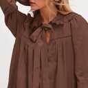 Burtell Long Sleeve Babydoll Dresses Women Fall V Neck Lace Trim Mini Dress Flowy Puff Sleeve Tie Front A-Line Tunic Dress (Brown, M)