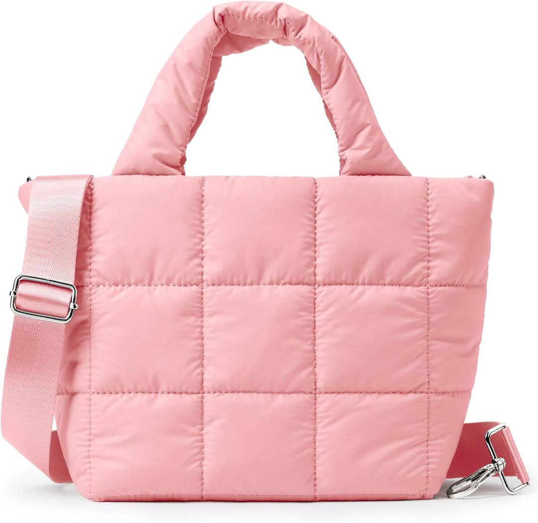 KALIDI Quilted Tote Bag Small Puffer Crossbody Bag for Women Lightweight Nylon Puffy Shoulder Handbag with Adjustable Strap (Pink)