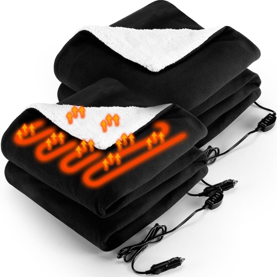 HunnmingRe 2 Pack Heated Car Blanket,12 Volt 3 Heating Levels 60" X 43" Electric Blanket Adjustable Temperature Portable Heated Throw for Car SUV RV Camping Winter Cold Weather (Black)