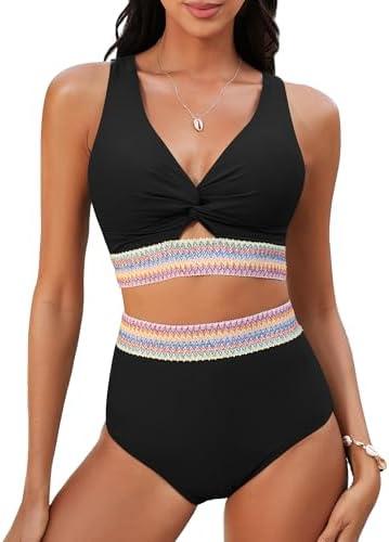 GRAPENT Bikini Sets for Women High Waisted Two Piece Swimsuit Padded Knot Twist Cut Out Color Block Bathing Suit Bikinis ,L