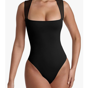 REORIA Women’s Sexy Sleeveless Square Neck Mesh Sheer Double Lined 2025 Trendy Going Out Bodysuit Tops S