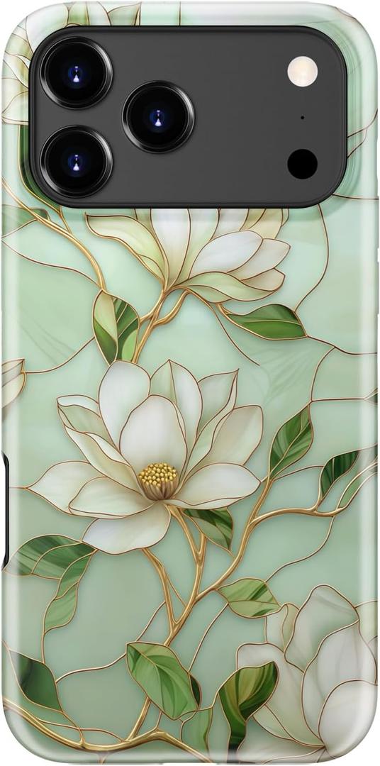 for iPhone 17 Pro Max Case Cute - Wireless Charging Compatible - Dual-Layer Hard Shell + Silicone Cover - Aesthetic Protective Phone Case for Women - Vintage Magnolia Flowers