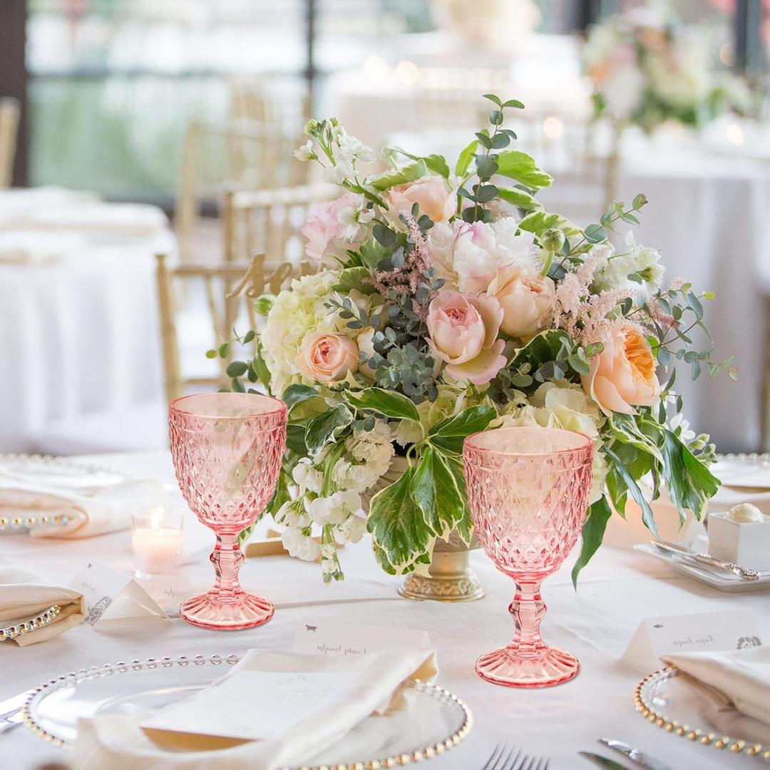 10 Pcs Vintage Wine Glasses, 10 Ounce Colored Glass Water Goblets, Unique Embossed Pattern High Clear Stemmed Glassware Wedding Party Bar Glass Drinking Cups, Diamond Pink Glasses