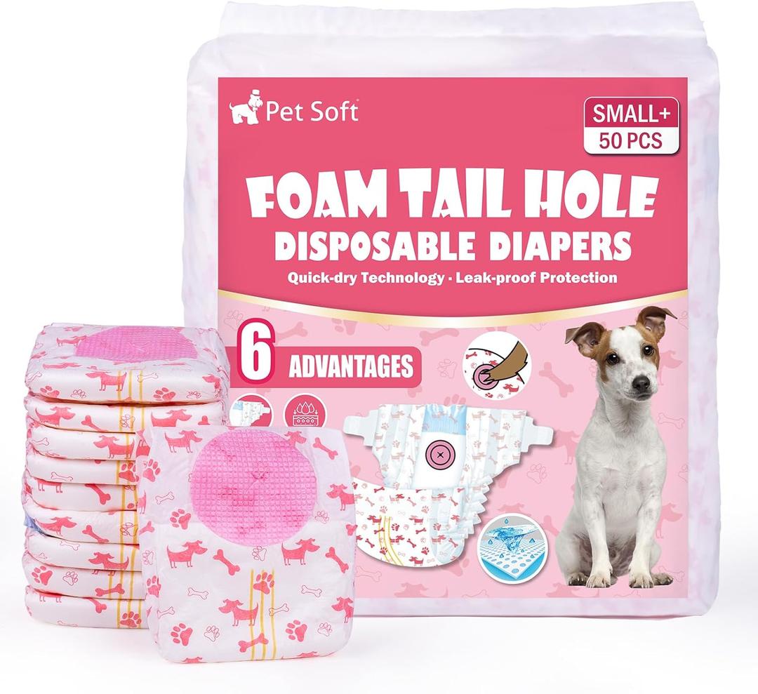 Pet Soft Disposable Dog Diapers - Female Dog Diapers with Adjustable Foam Tail Hole, Ultra Protection Puppy & Cat Diapers Wetness Indicator for Dogs in Heat or Incontinence,50pcs (S+,Red)