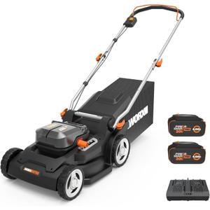 WORX 17'' Cordless Lawn Mower, 2 in 1 Electric Mower Cuts to Edge, Compact & Lightweight Push Lawn Mower with 6-Position Height Adjustment for Medium Size Yards, 2 Batteries & Charger Included, WG745