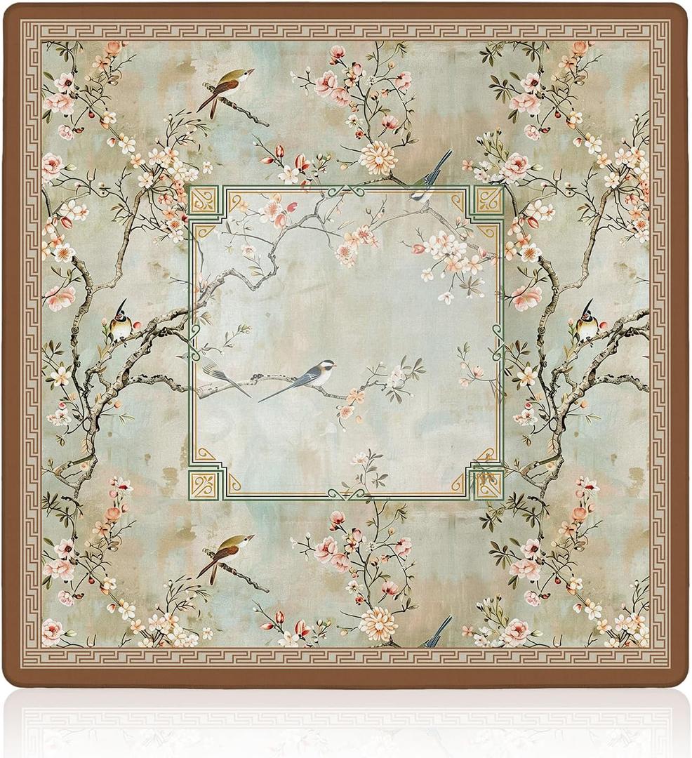 Vintage Chinoiserie Cherry Blossom Mahjong Mat 31.5 x 31.5 in, Cottagecore Botanical Floral Bird Anti Slip and Noise Reduction Game Table Cover for Mahjong Dominoes Card Board Tile Games