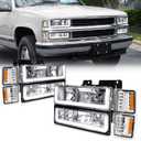POLLY WALES Headlights Assembly Compatible with 1994-1998 Chevy Silverado/Tahoe/Suburban/C10 - Chrome Housing Clear Lens Amber Reflector (with Ultra Bright Led DRL)