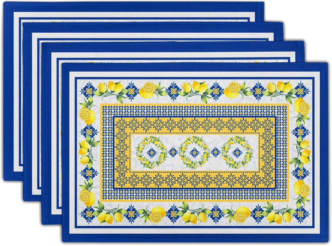 Lemon Summer Table Placemats for Dining 12 x 18 Inch Set of 4Blue Yellow Boho Heat-Resistant Washable Table Non-Slip Rectangle Place Mat for Seasonal Party Kitchen Dining Table Decor
