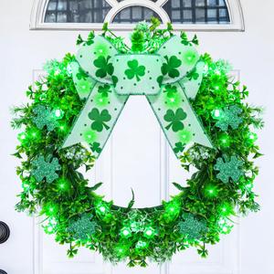 16" St Patricks Day Wreath for Front Door - 28 Clover Green Lights Battery Operated Shamrock Wreath with Bow, Spring Artificial Wreath Irish St Patricks Day Decoration for Wall Window Porch Home