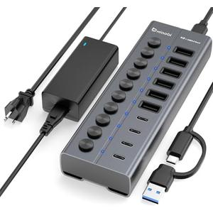 Powered USB Hub, 10-Port USB C Hub with 6 USB-A 3.2, 4 USB-C 3.2 Ports, Individual Switches and 12V/5A Power Adapter, Aluminum USB Extension for MacBook, Laptop/PC and More.