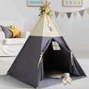 RONGFA Teepee Tent for Kids, 100% Cotton Play Tent with Mat, Kids Teepee Tent with Colored Flag, Quality Portable Play Tent with Carry Bag for Girls and Boys Indoor Outdoor (Beige Gray with Mat)