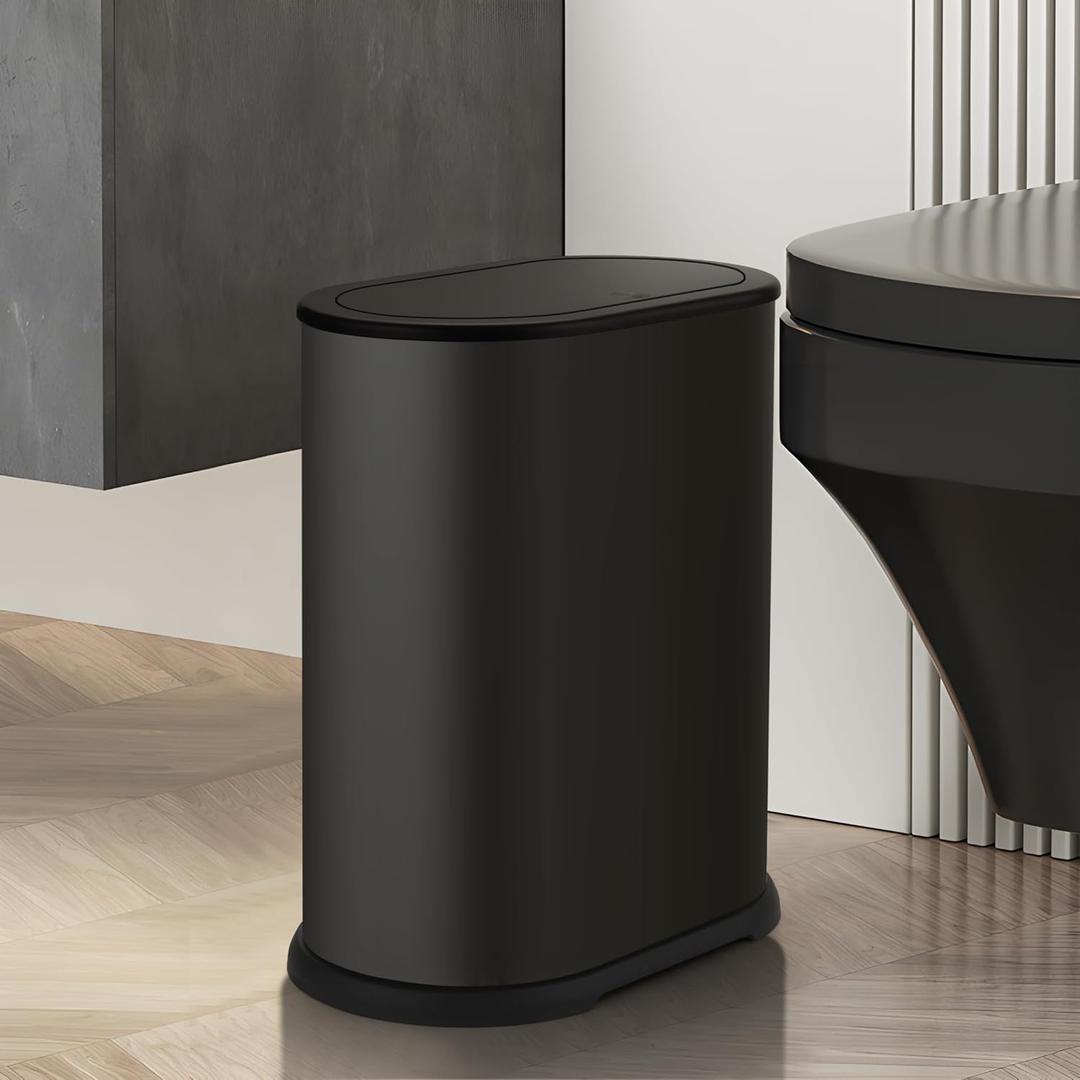 Anzoymx Stainless Steel Bathroom TrashCans 1.8 Gallons Small Garbage Can with Pop up Lid, Metal Narrow Wastebasket, Slim Waterproof Litter TrashBins Set for Bedroom, Toilet, Office (Black)