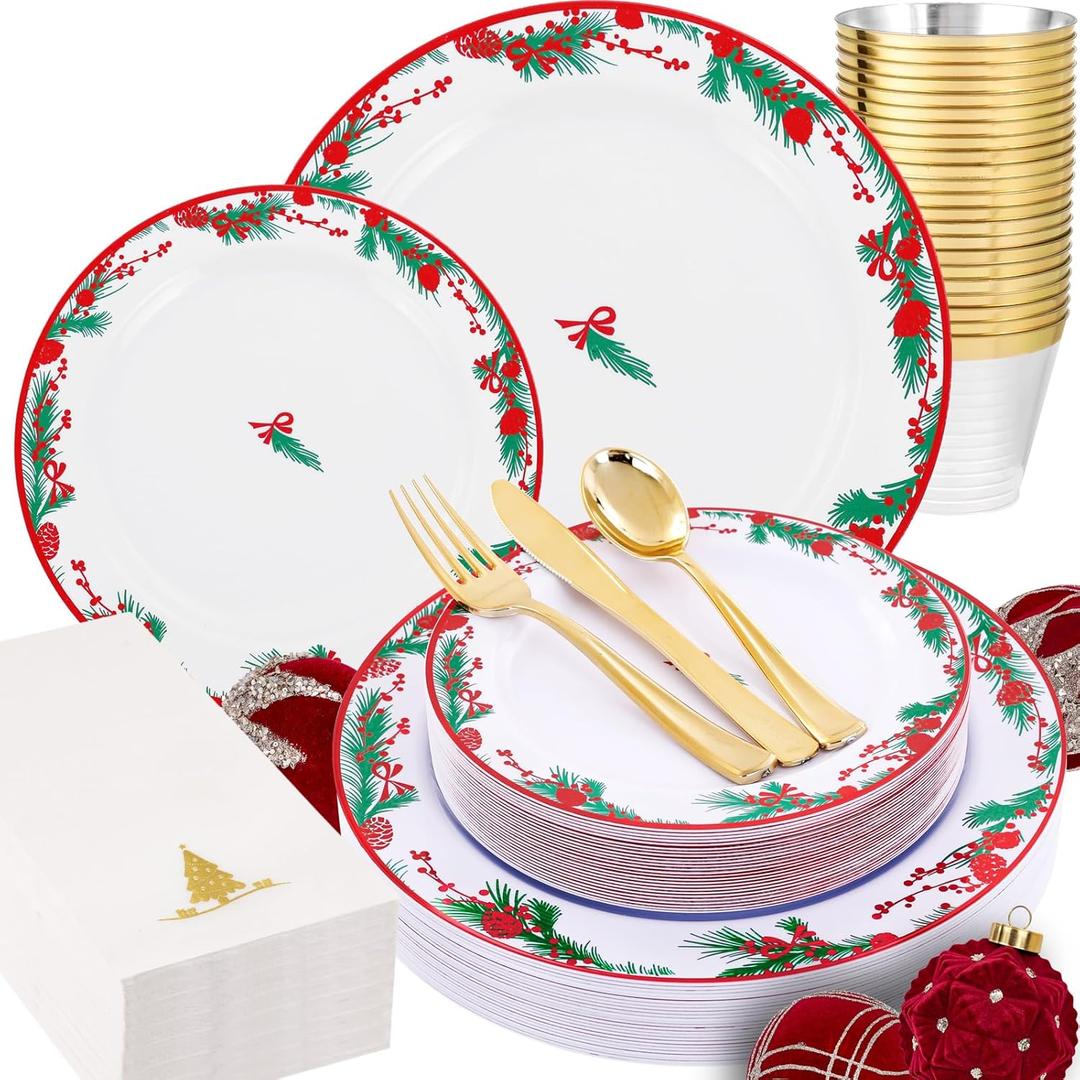 Morejoy 175PCS Christmas Plastic Plates - White Green plateS & Christmas Plates Disposable Include 25 Dinner Plate,25 Dessert Plate,25 Cups,25 Forks,25 Knives,25 Spoons,25 Napkins for New Year party