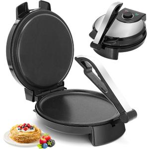 10inch Roti Maker Machine, Non-stick Electric Tortilla Maker with Adjustable Temperature Control and Removable Handle, Press to make Roti, Crepe, Chapati AC 110V 50/60Hz 1200W