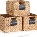 Water Hyacinth Storage Baskets Set of 3, 10.5x9x7.5in Wicker Storage Basket with Labels for Pantry Shelves, Kitchen, Bathroom Organization