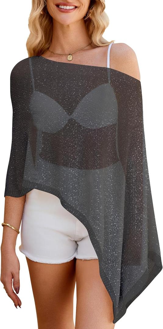 WeciBor Women's Sheer Poncho Tops Lightweight Shrug Pullover Knit Bolero Sweater Cover Up Beachwear for Beach Clothing (Black)