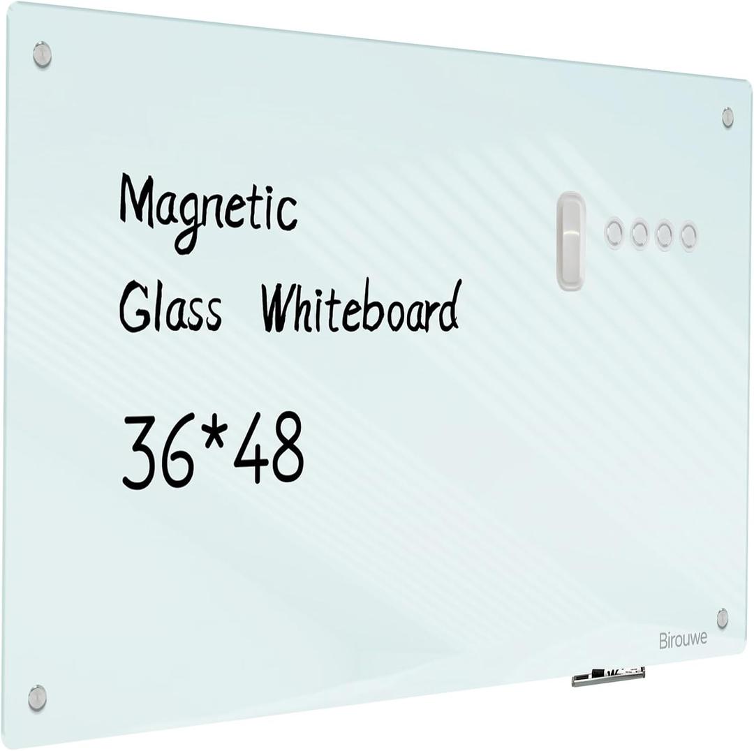 Magnetic Glass Whiteboard - Glass Dry Erase Board 48"x36" Large Frameless Board for Walls Office School and Home